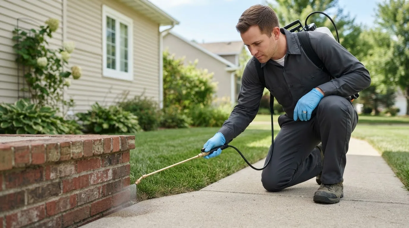 Pest control technician treating a home near Pulaski, NY